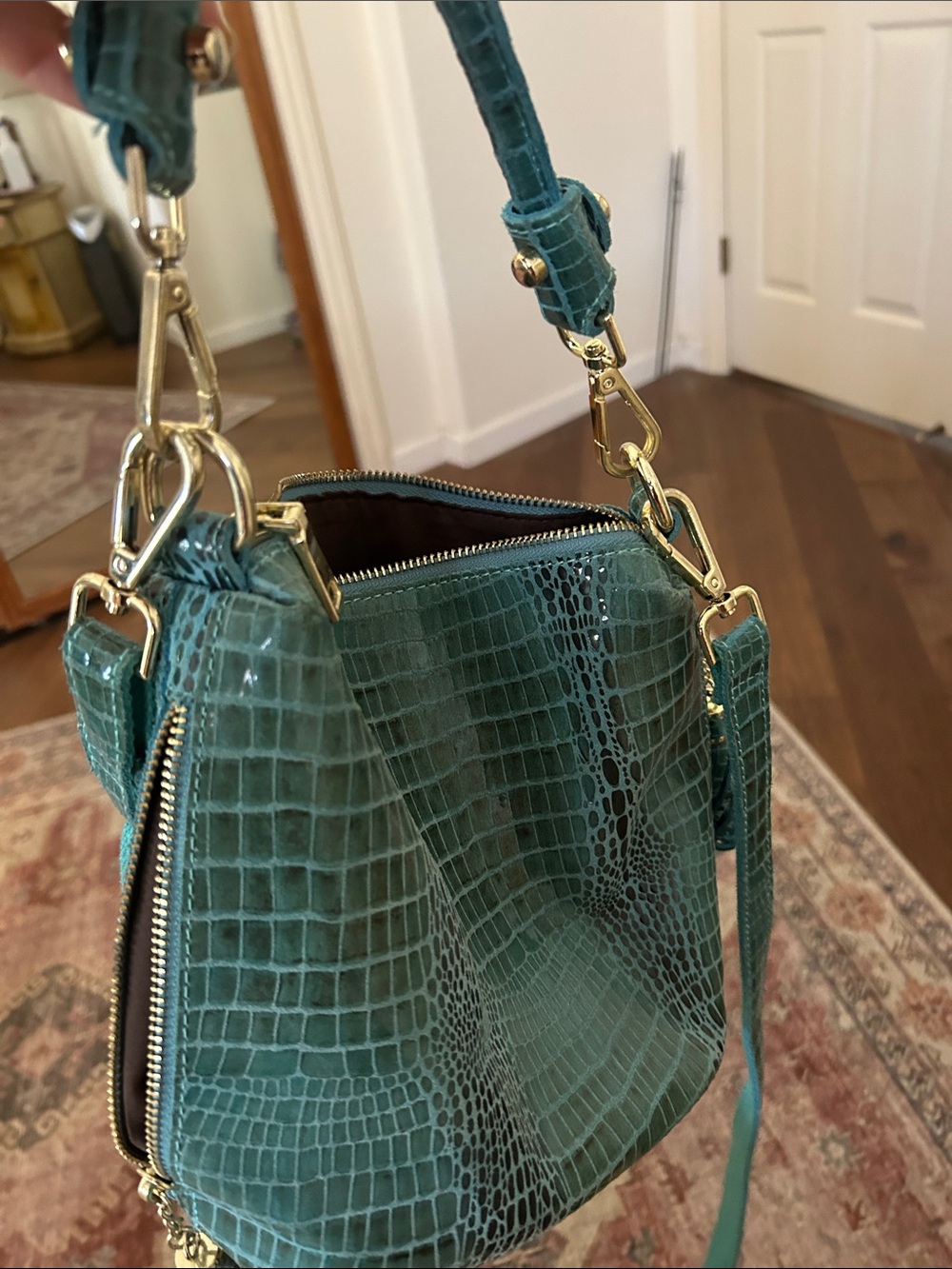Teal Croc-Embossed Shoulder Bag with Gold Hardware